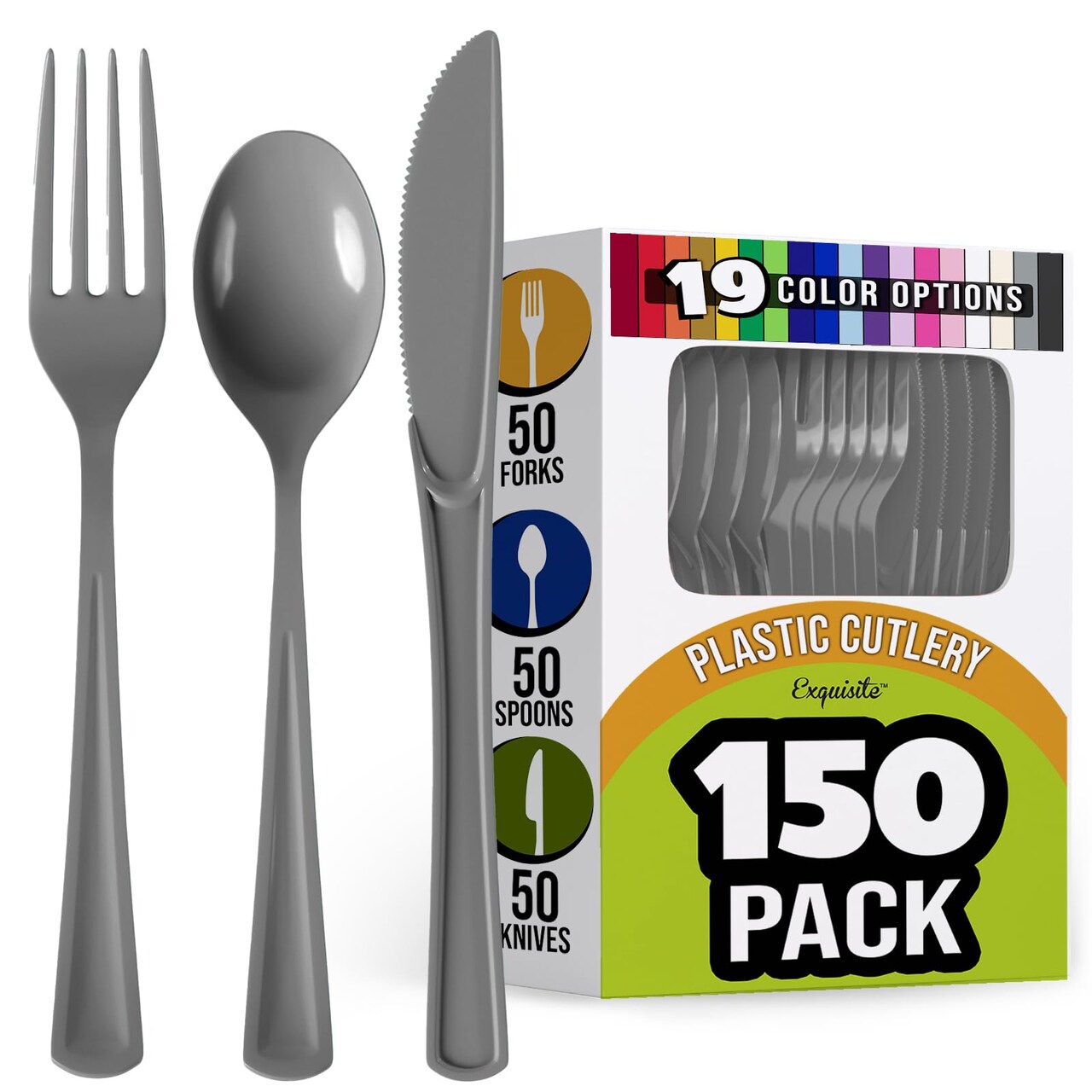 Exquisite Polished Plastic Silverware – 150 Pcs Heavy Duty Cutlery Set – 50 Each of Forks, Knives & Spoons – Disposable Utensil Set for Parties, Events & Catering – Flatware Set by Party Solids